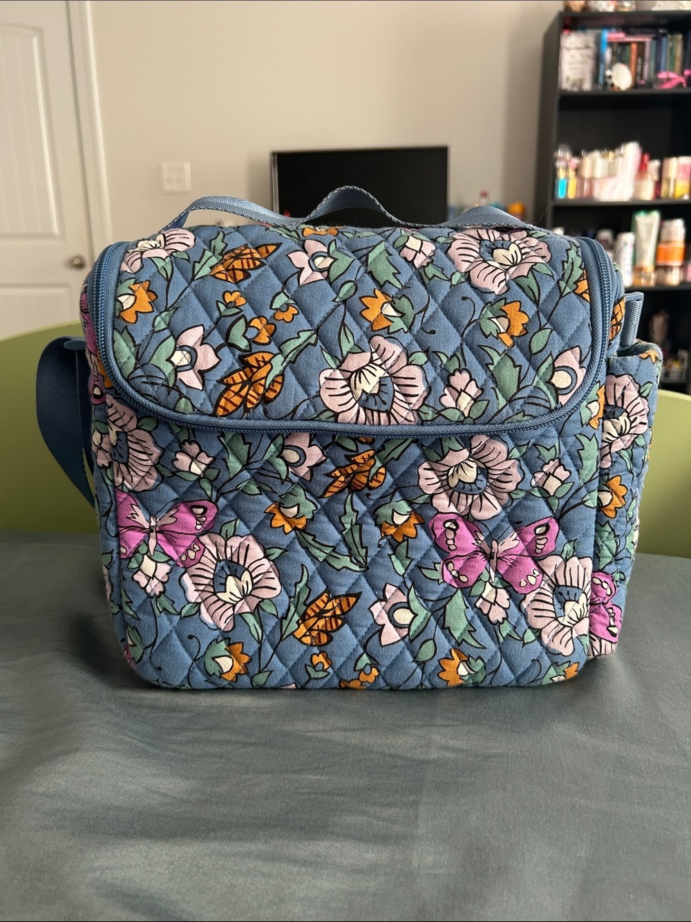 Vera Bradley Quilted Floral Crossbody in Blue with Pink